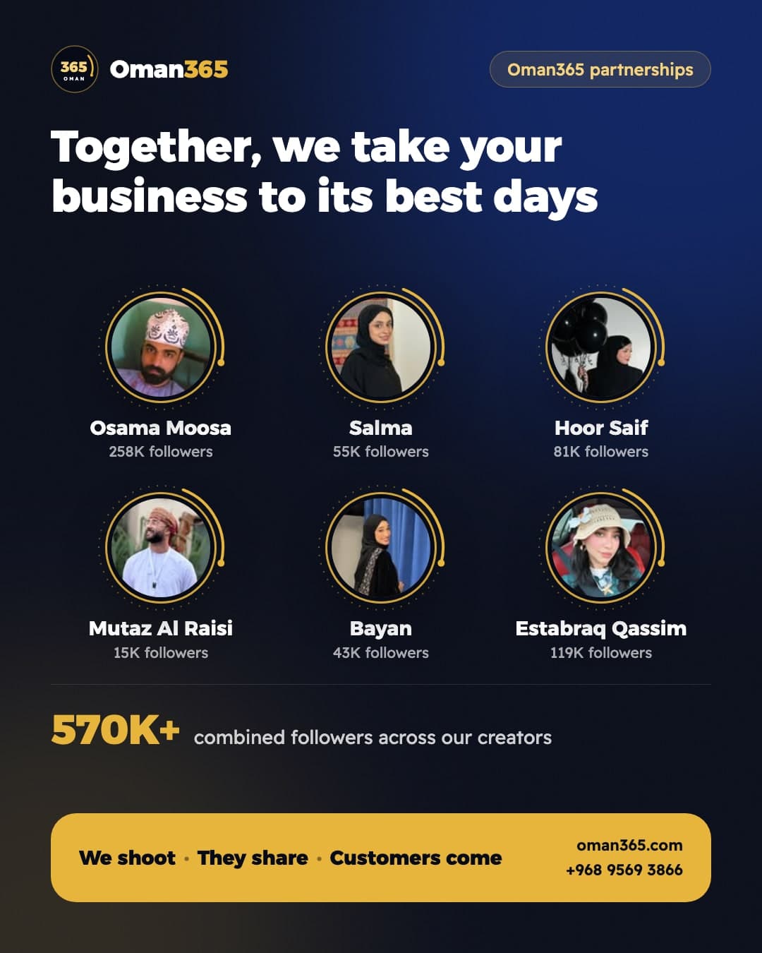 Together, we take your business to its best days — Osama Moosa، Salma، Hoor Saif، Mutaz Al Raisi، Bayan، Estabraq Qassim